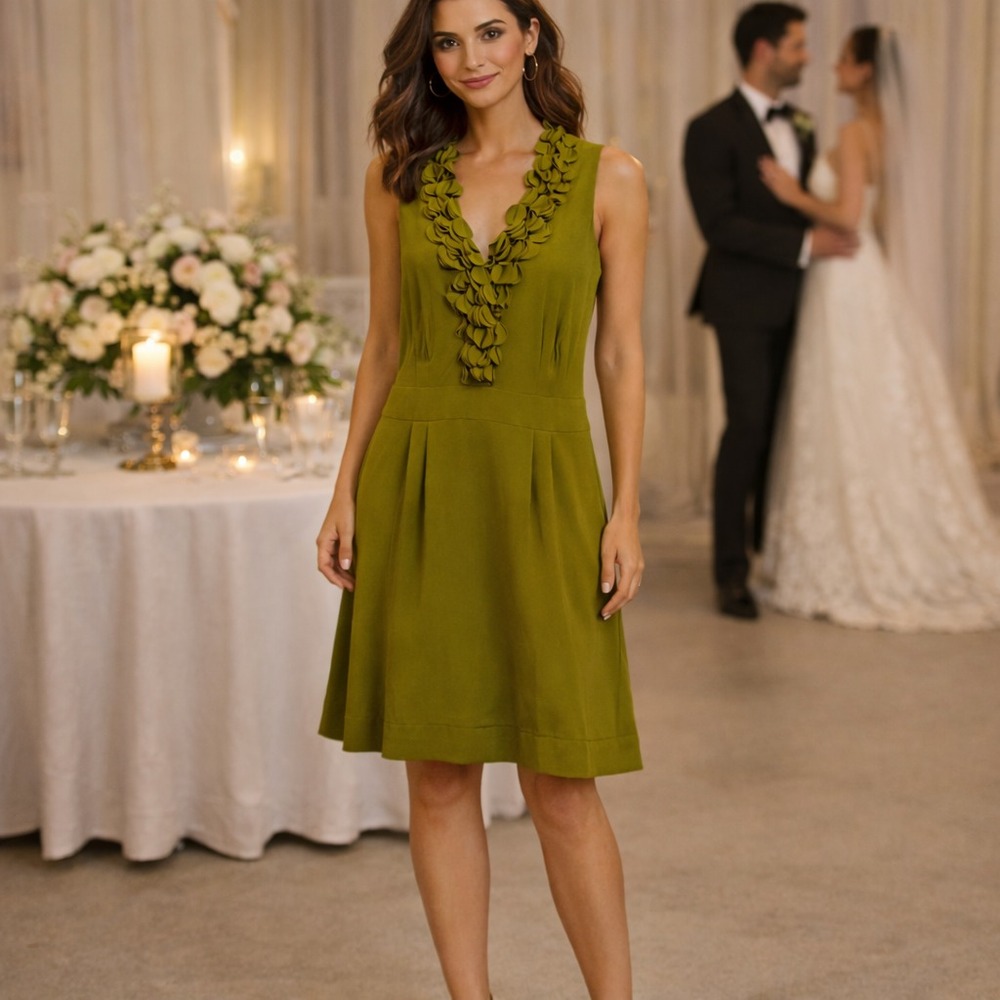 Taylor Ruffle Sheath Dress Sz 14 Olive Green Stretch Sleeveless Cocktail Wedding